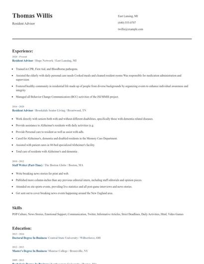 Resident Advisor Resume