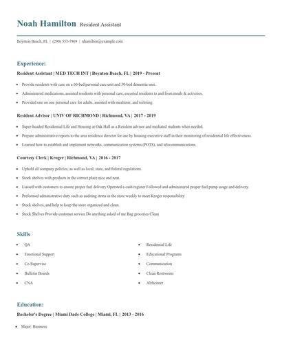 Resident Assistant Resume