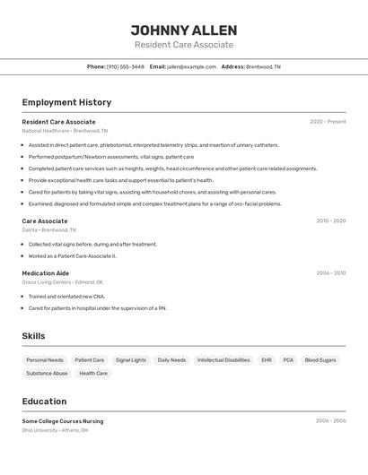 Resident Care Associate Resume