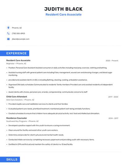 Resident Care Associate Resume