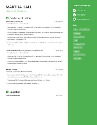 Resident Care Associate Resume