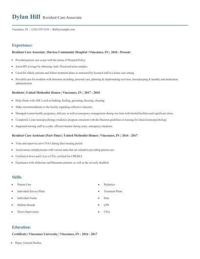 Resident Care Associate Resume