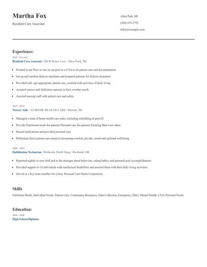 Resident Care Associate Resume