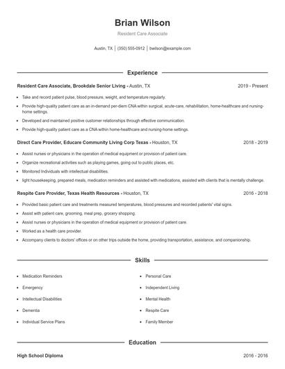 Resident Care Associate Resume