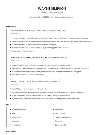 Resident Care Associate Resume