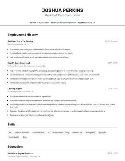 Resident Care Technician Resume