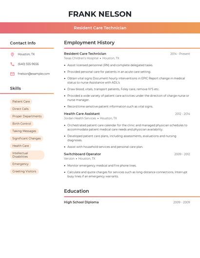 Resident Care Technician Resume