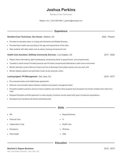 Resident Care Technician Resume