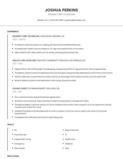 Resident Care Technician Resume