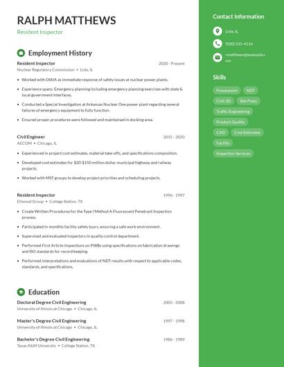Resident Inspector Resume