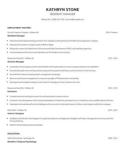 Resident Manager Resume