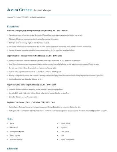 Resident Manager Resume