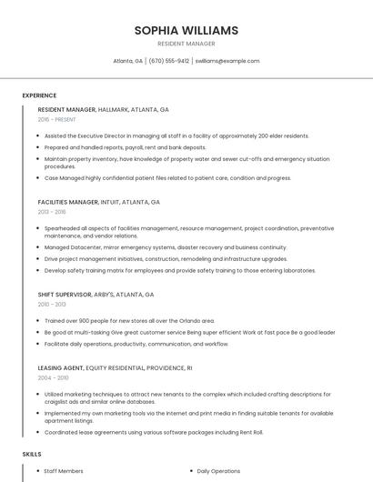 Resident Manager Resume