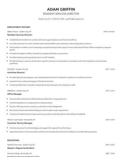 Resident Services Director Resume