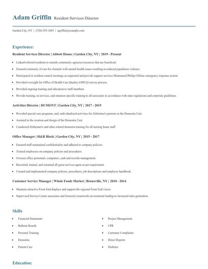Resident Services Director Resume