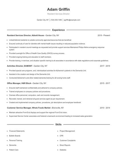 Resident Services Director Resume