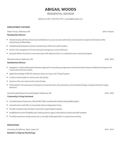 Residential Advisor Resume