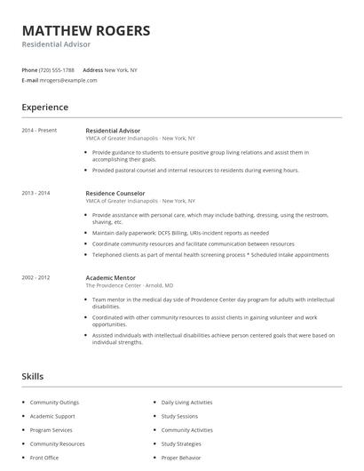 Residential Advisor Resume