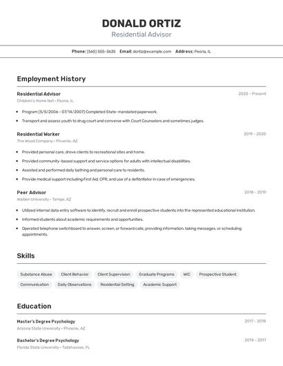 Residential Advisor Resume