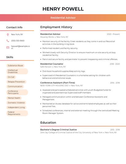 Residential Advisor Resume