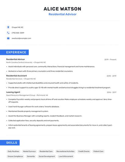 Residential Advisor Resume