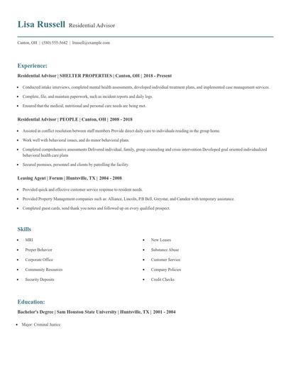 Residential Advisor Resume
