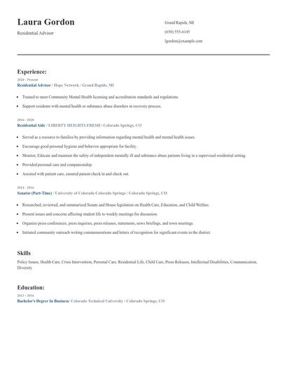 Residential Advisor Resume