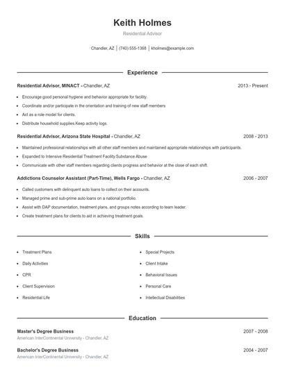 Residential Advisor Resume