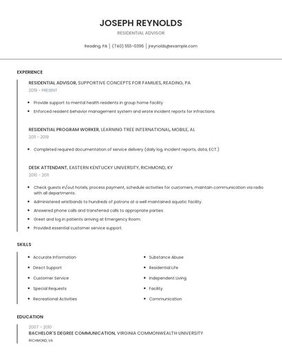 Residential Advisor Resume
