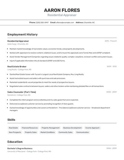 Residential Appraiser Resume