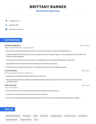 Residential Appraiser Resume