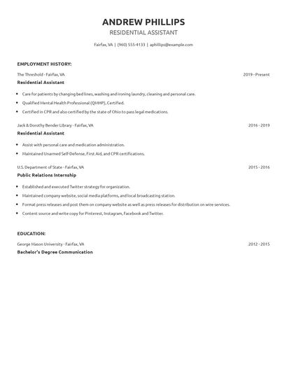Residential Assistant Resume
