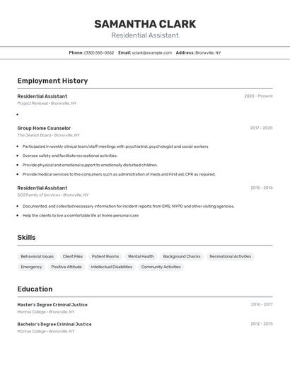 Residential Assistant Resume