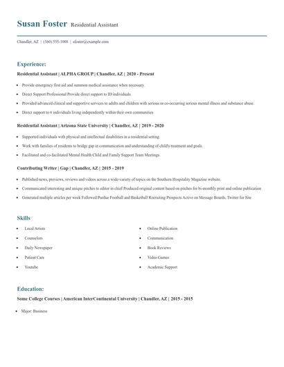 Residential Assistant Resume