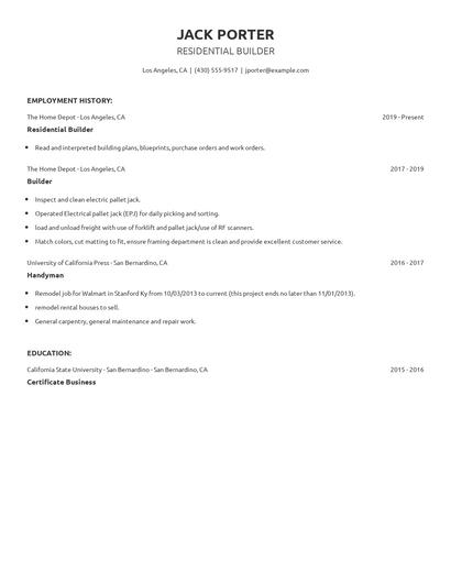 Residential Builder Resume