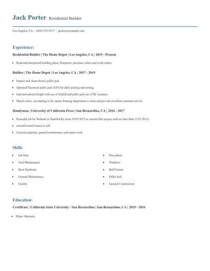 Residential Builder Resume