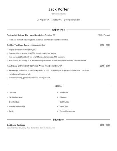 Residential Builder Resume
