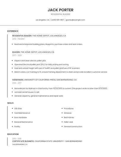 Residential Builder Resume