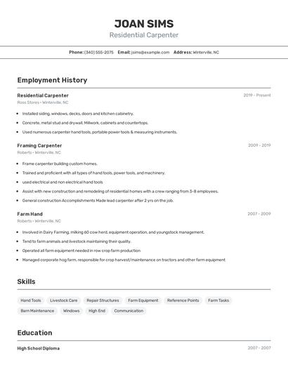 Residential Carpenter Resume