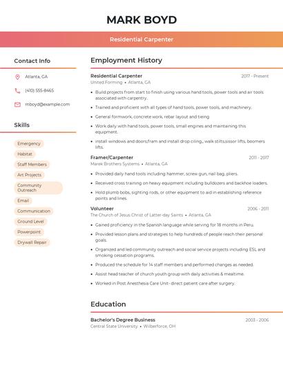 Residential Carpenter Resume