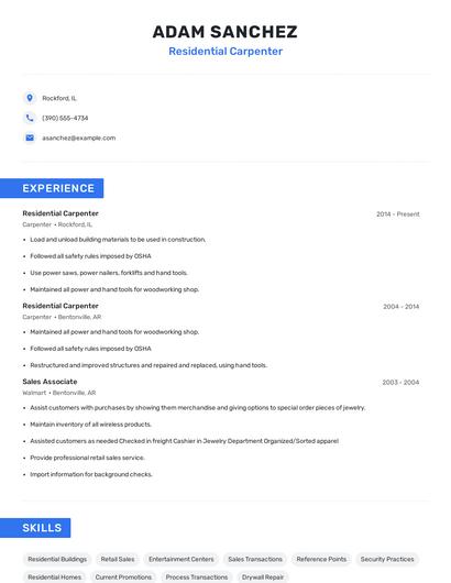 Residential Carpenter Resume