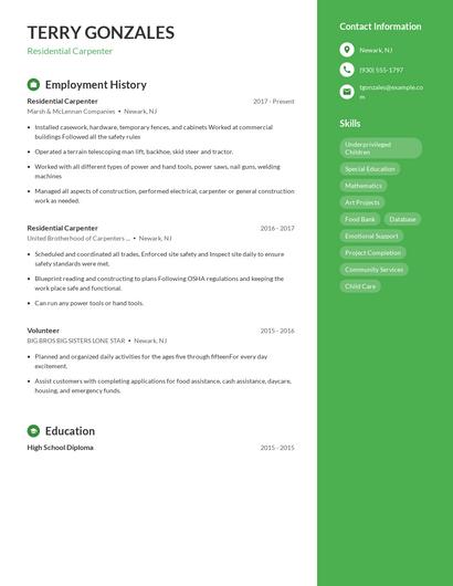 Residential Carpenter Resume