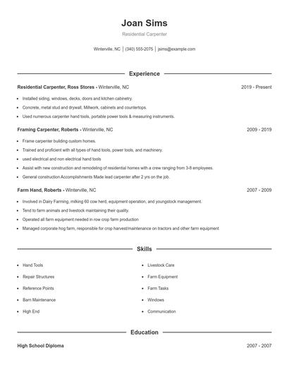 Residential Carpenter Resume