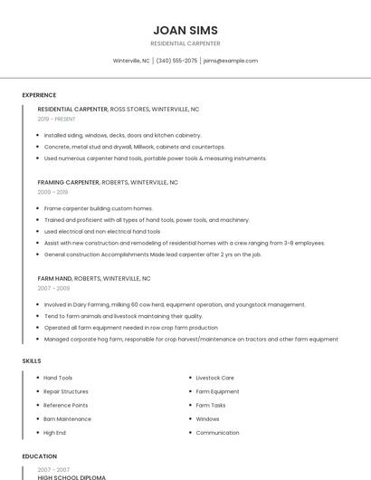 Residential Carpenter Resume