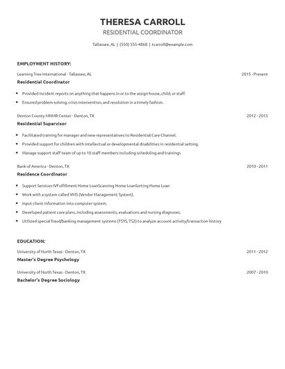 Residential Coordinator Resume