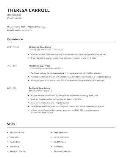 Residential Coordinator Resume