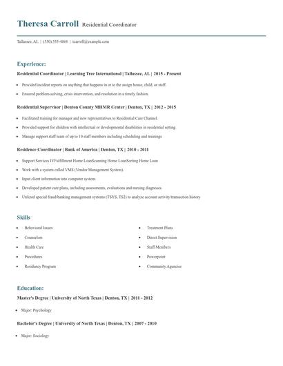 Residential Coordinator Resume