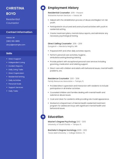 Residential Counselor Resume