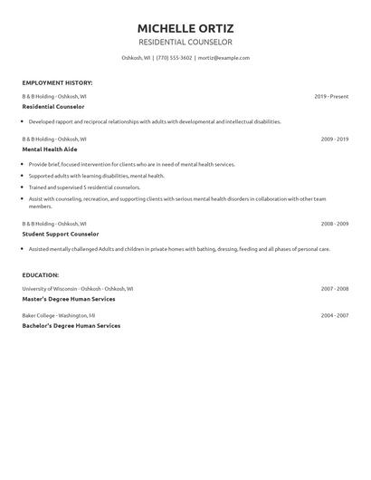 Residential Counselor Resume