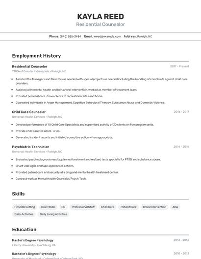 Residential Counselor Resume